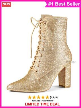 Glitter Sequin Ankle Boots Lace Up Pointed Toe Block Heel